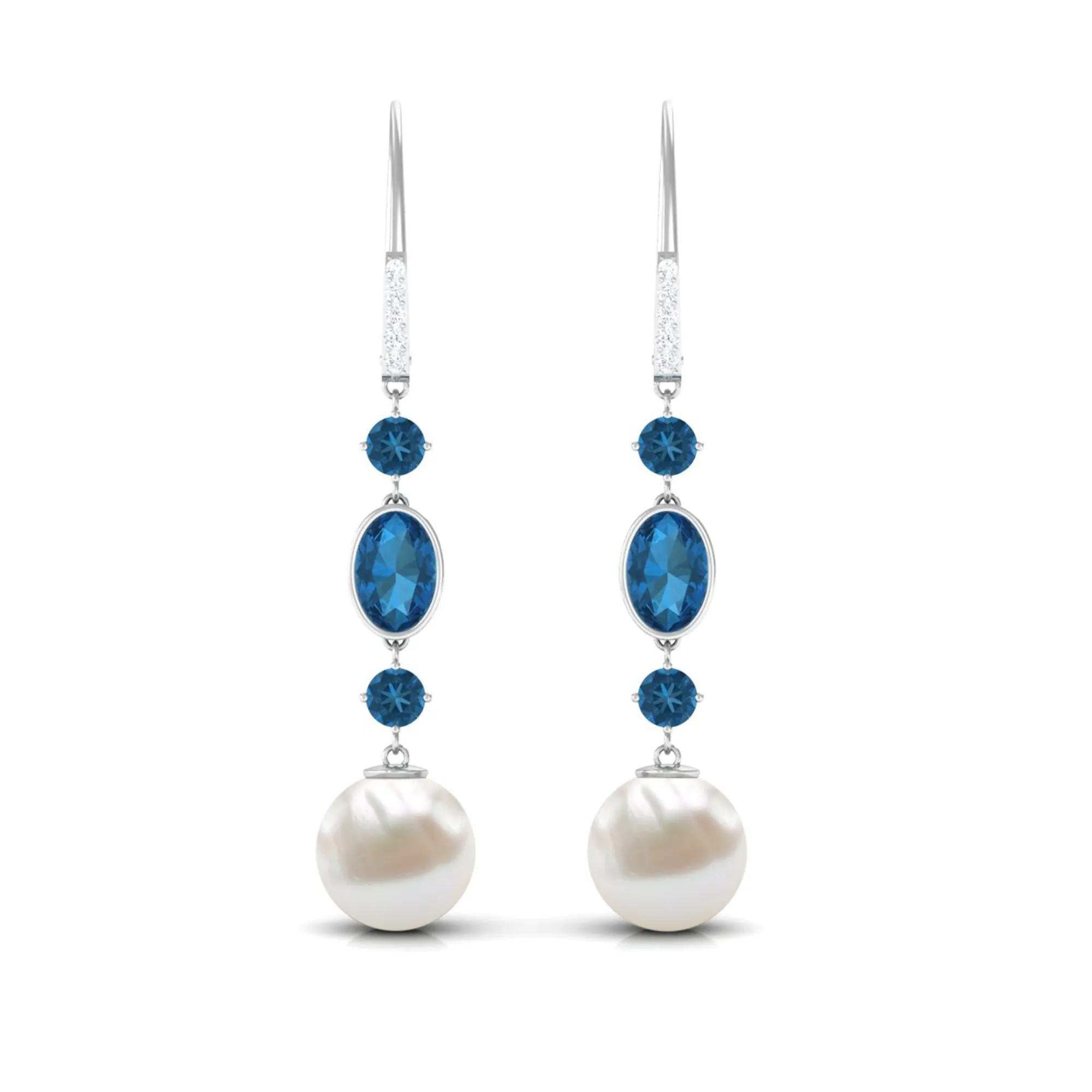 London Blue Topaz and Freshwater Pearl Dangle Earrings with Moissanite