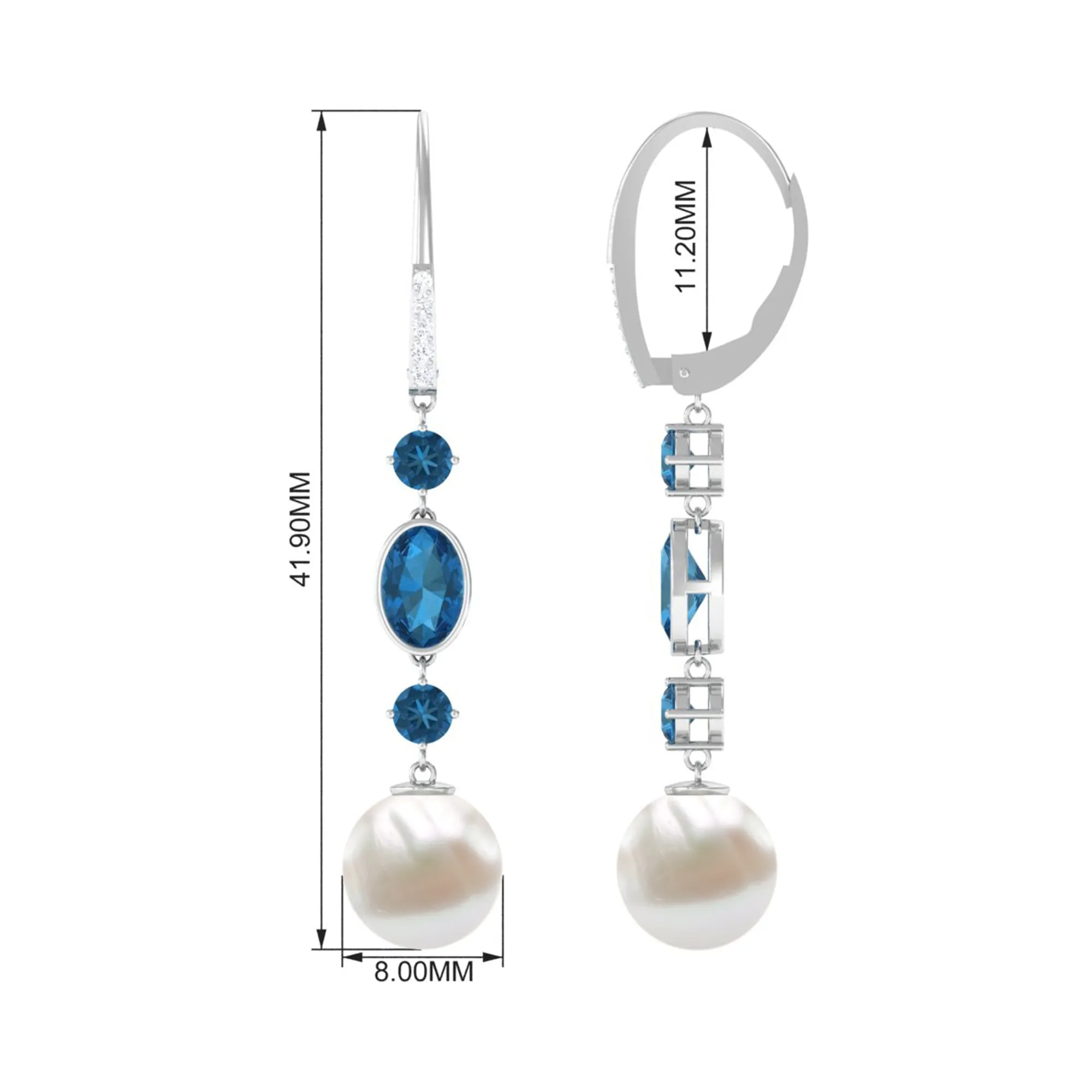 London Blue Topaz and Freshwater Pearl Dangle Earrings with Moissanite