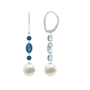 London Blue Topaz and Freshwater Pearl Dangle Earrings with Moissanite