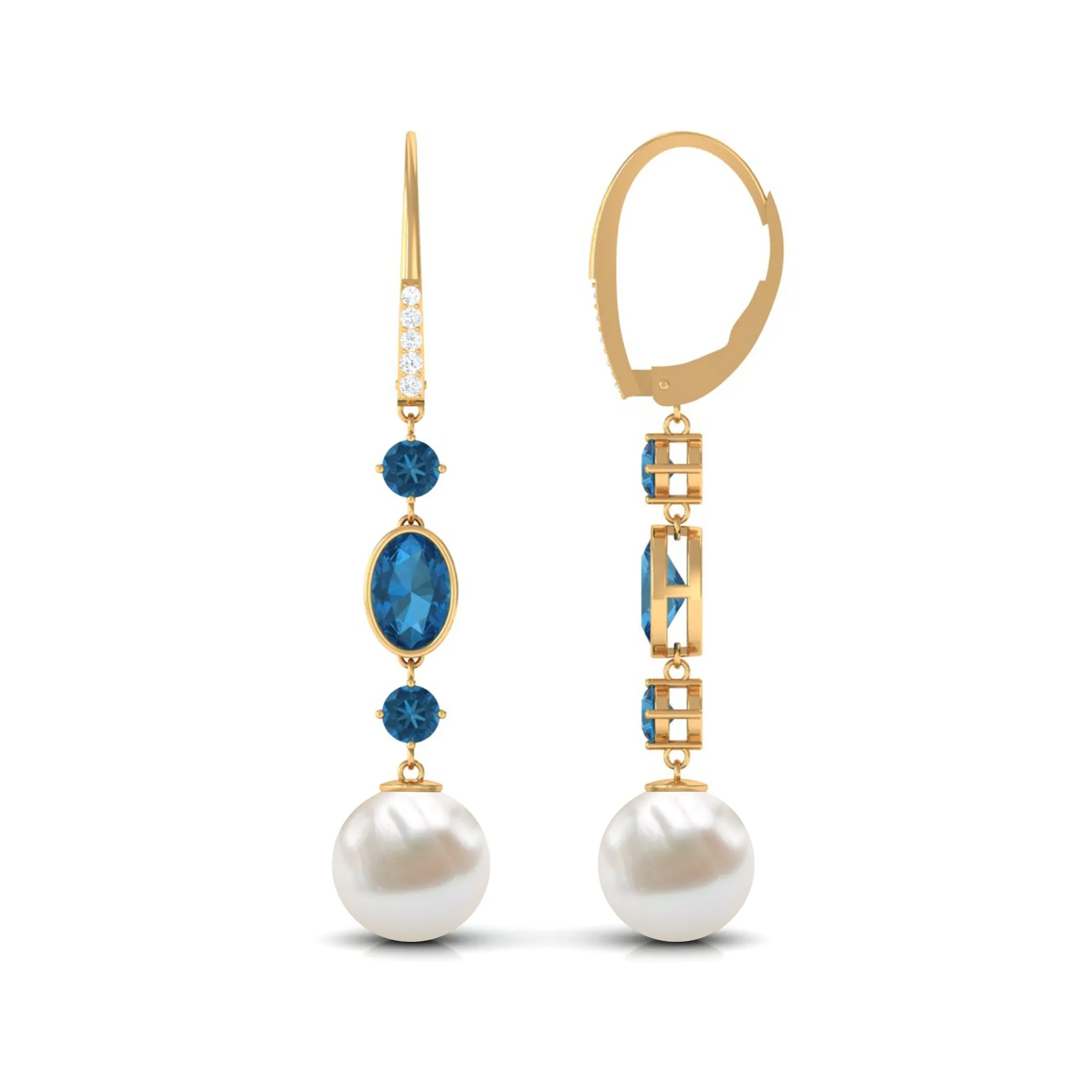 London Blue Topaz and Freshwater Pearl Dangle Earrings with Moissanite