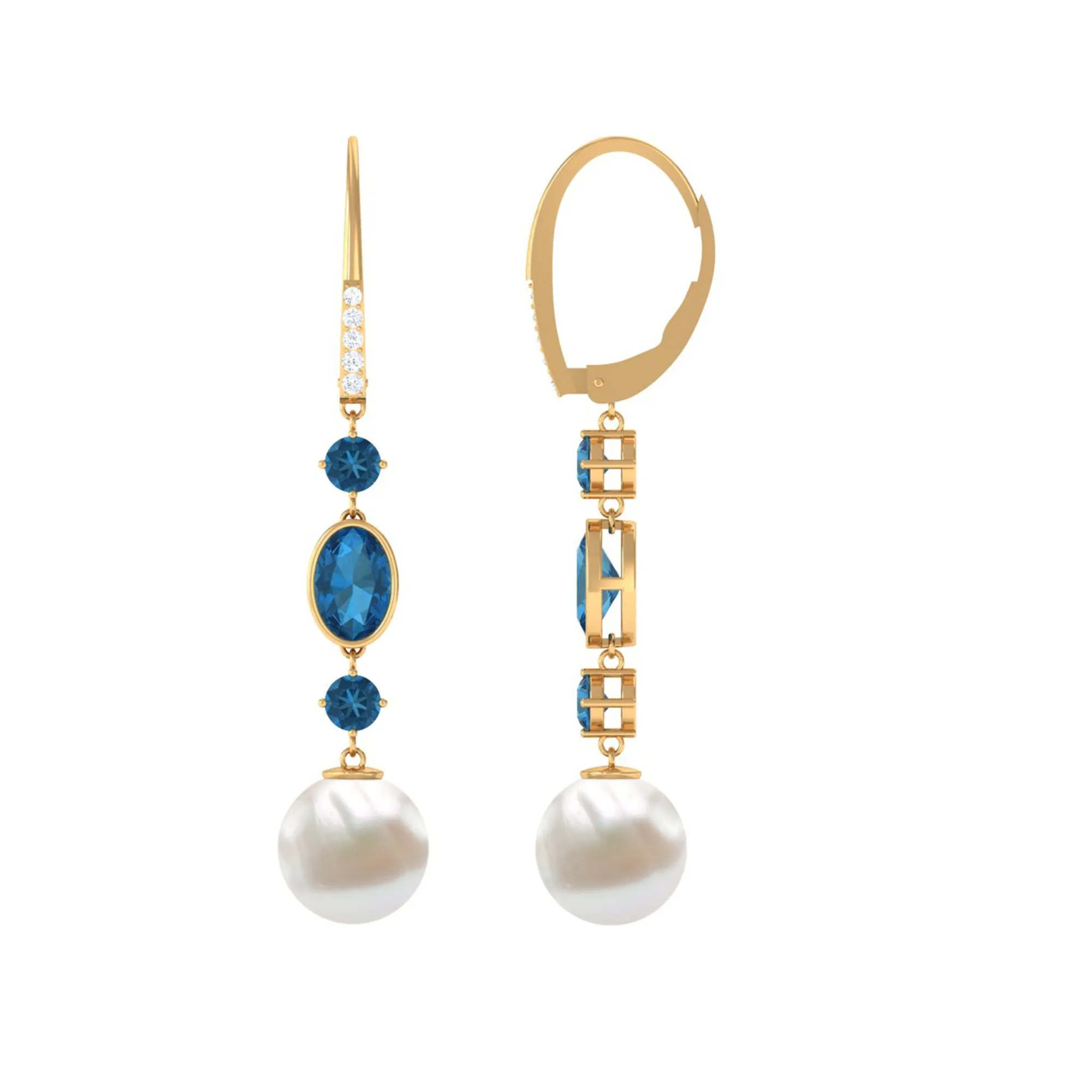 London Blue Topaz and Freshwater Pearl Dangle Earrings with Moissanite