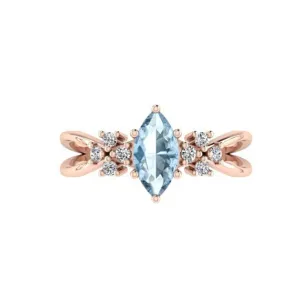 Marquise Blue Topaz Diamond Split Shank Ring 18K Pink Gold