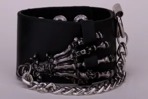 Metal Skeleton Hand Grasp with Chain Leather Bracelet