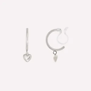 MINI HEART HUGGIE HOOP CLIP-ON EARRINGS IN SILVER