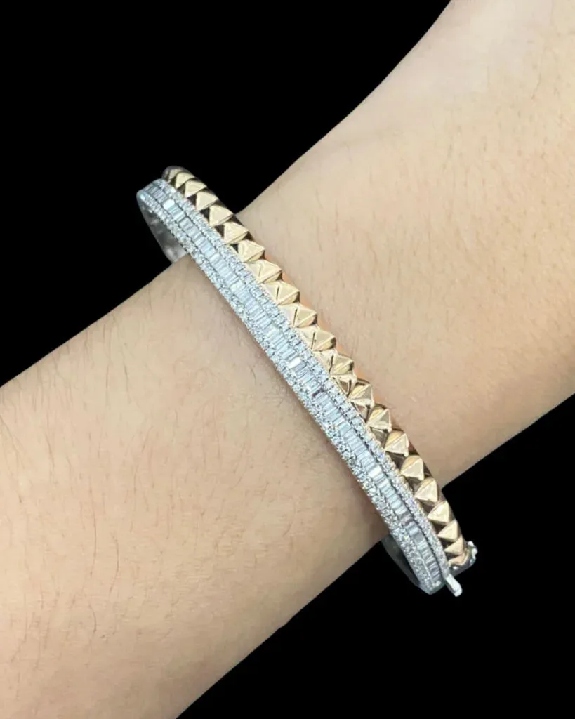 Multi-Tone Baguette Paved Studded Diamond Bracelet 14kt