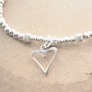 NATALIE Sterling Silver Bead and Open Heart Stretch Bracelet