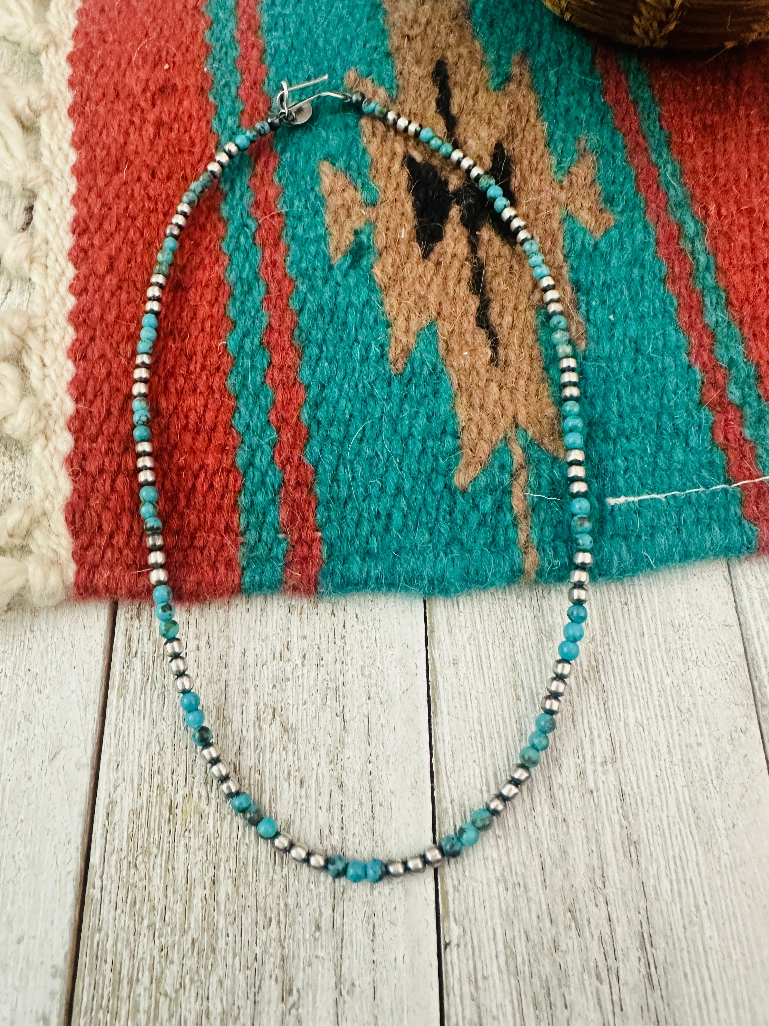 Navajo Sterling Silver Pearl & Turquoise Beaded Necklace 14”