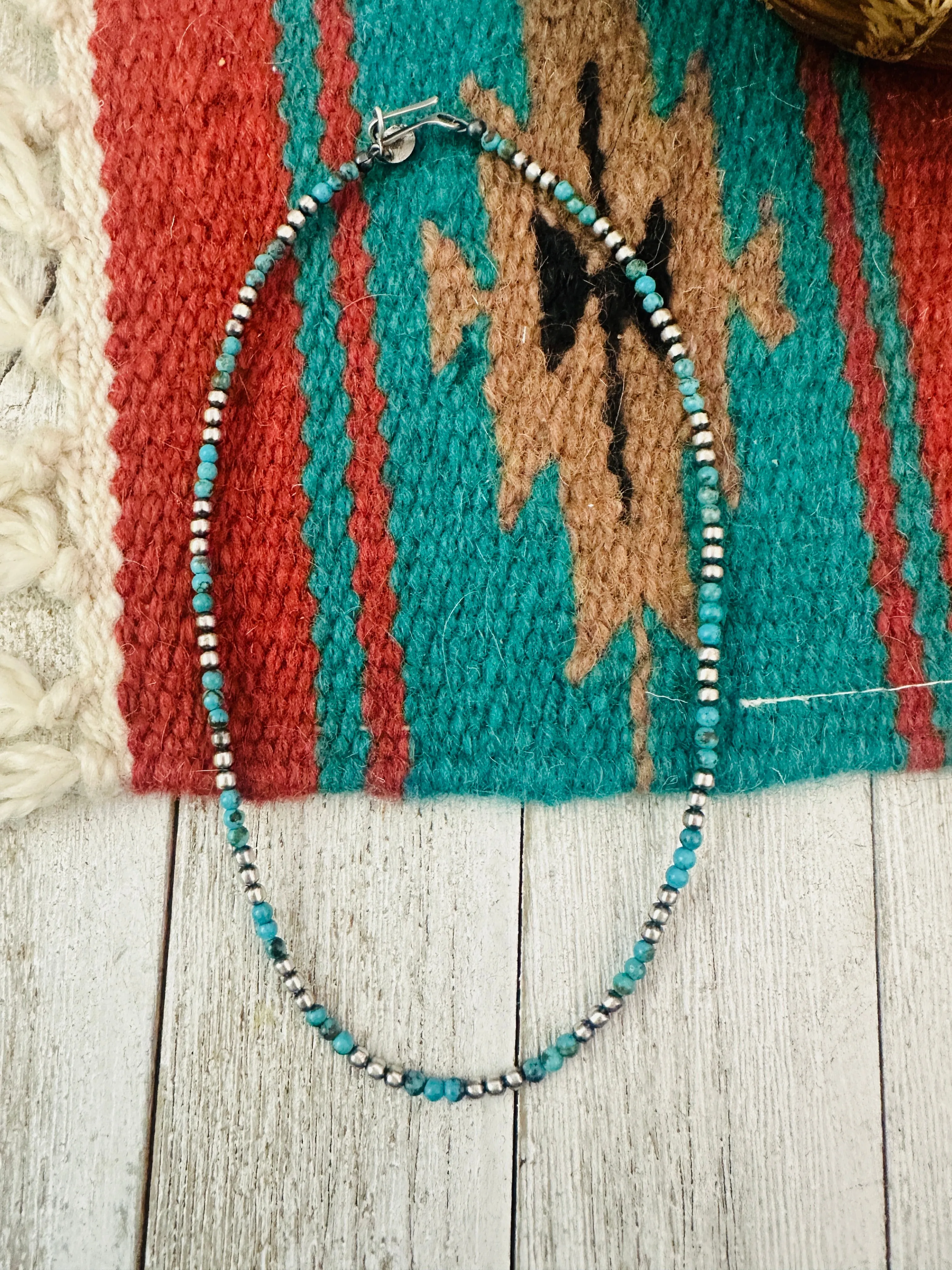 Navajo Sterling Silver Pearl & Turquoise Beaded Necklace 14”