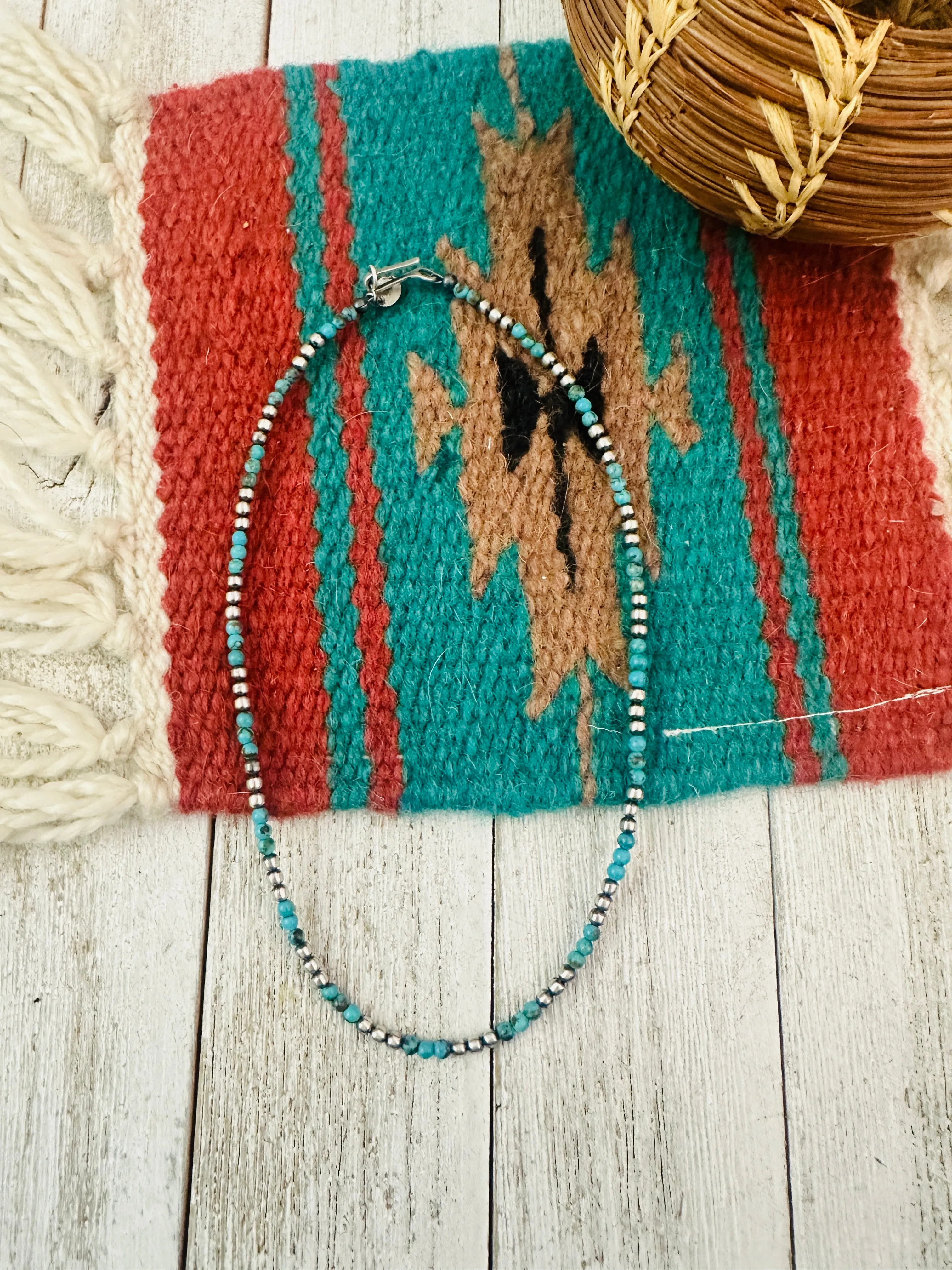 Navajo Sterling Silver Pearl & Turquoise Beaded Necklace 14”