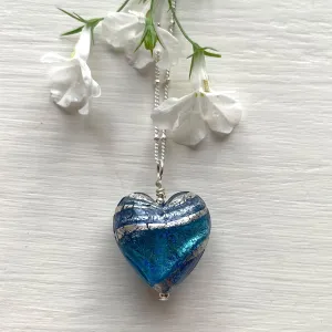 Necklace with turquoise and cornflower blue swirl Murano glass medium heart pendant on silver chain