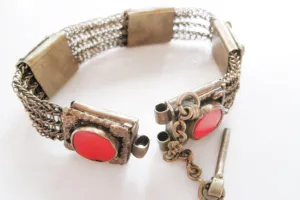 Old Large Wire Mesh Bedouin Bracelet with Red Glass