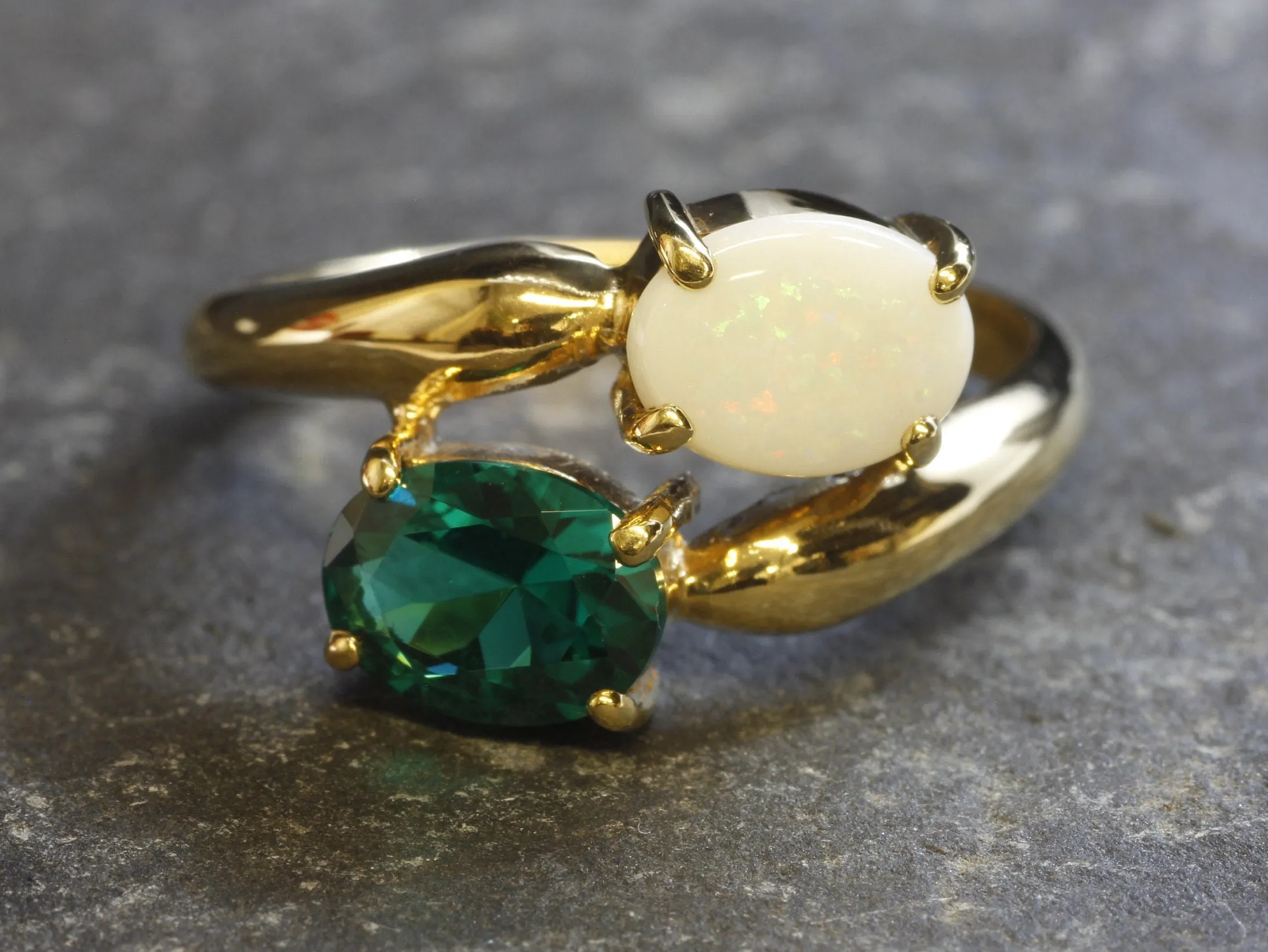 Opal Gold Ring, Gold Two Stone Ring, Natural Opal Ring