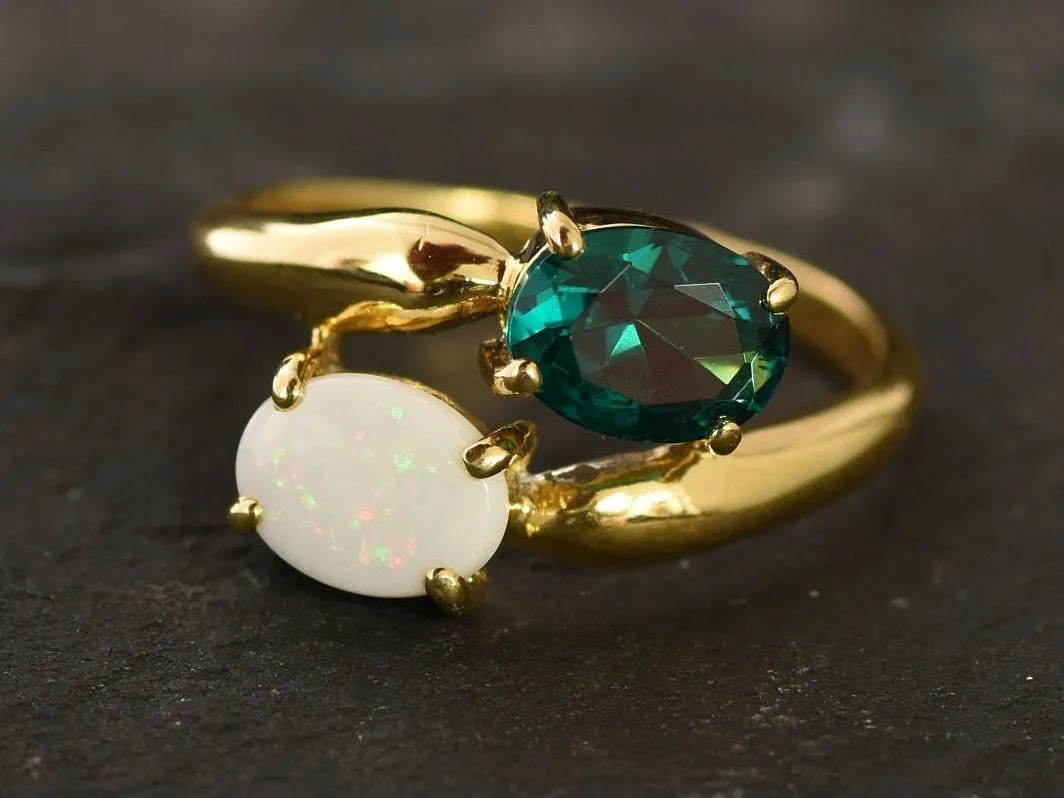 Opal Gold Ring, Gold Two Stone Ring, Natural Opal Ring