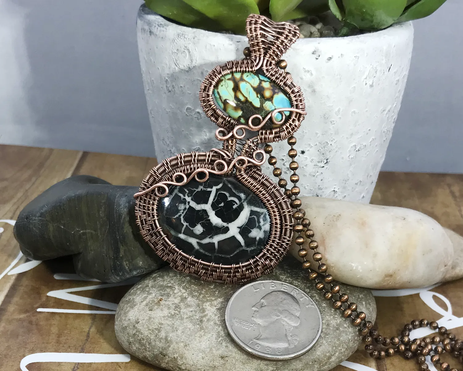 Oxidized Copper Wire Woven Septarian Gronates & Turquoise Pendant