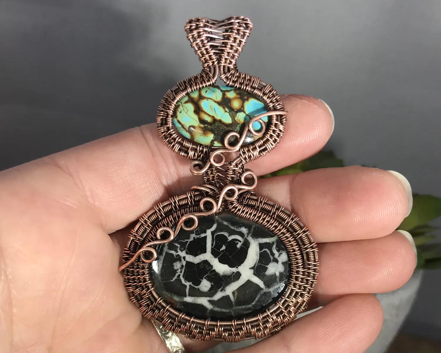 Oxidized Copper Wire Woven Septarian Gronates & Turquoise Pendant