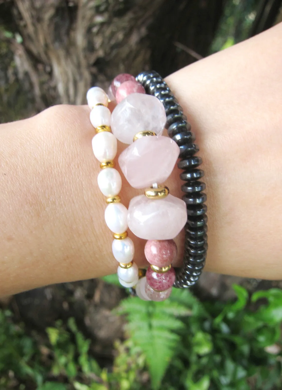 Pink Rose Quartz, Strawberry Quartz, Thulite - Love, Fertility Mala Bracelet in 18K Gold Vermeil Lotus Charm