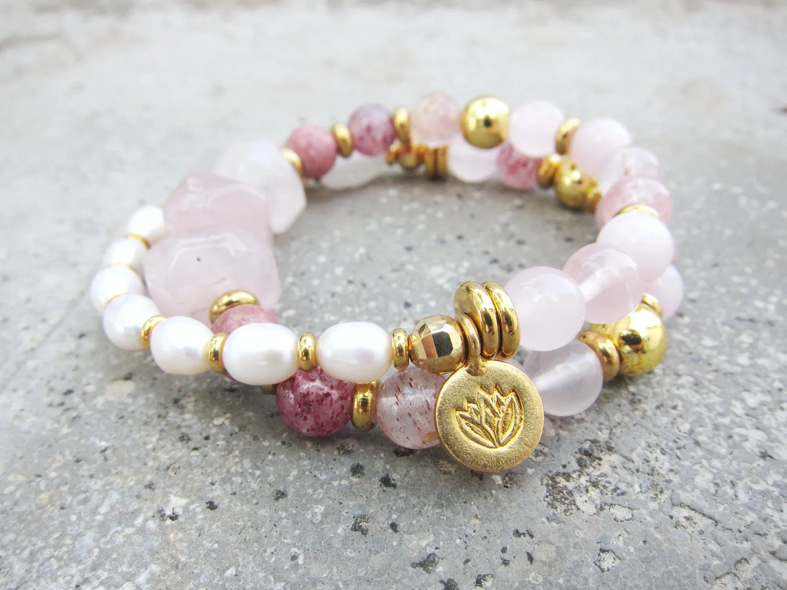 Pink Rose Quartz, Strawberry Quartz, Thulite - Love, Fertility Mala Bracelet in 18K Gold Vermeil Lotus Charm