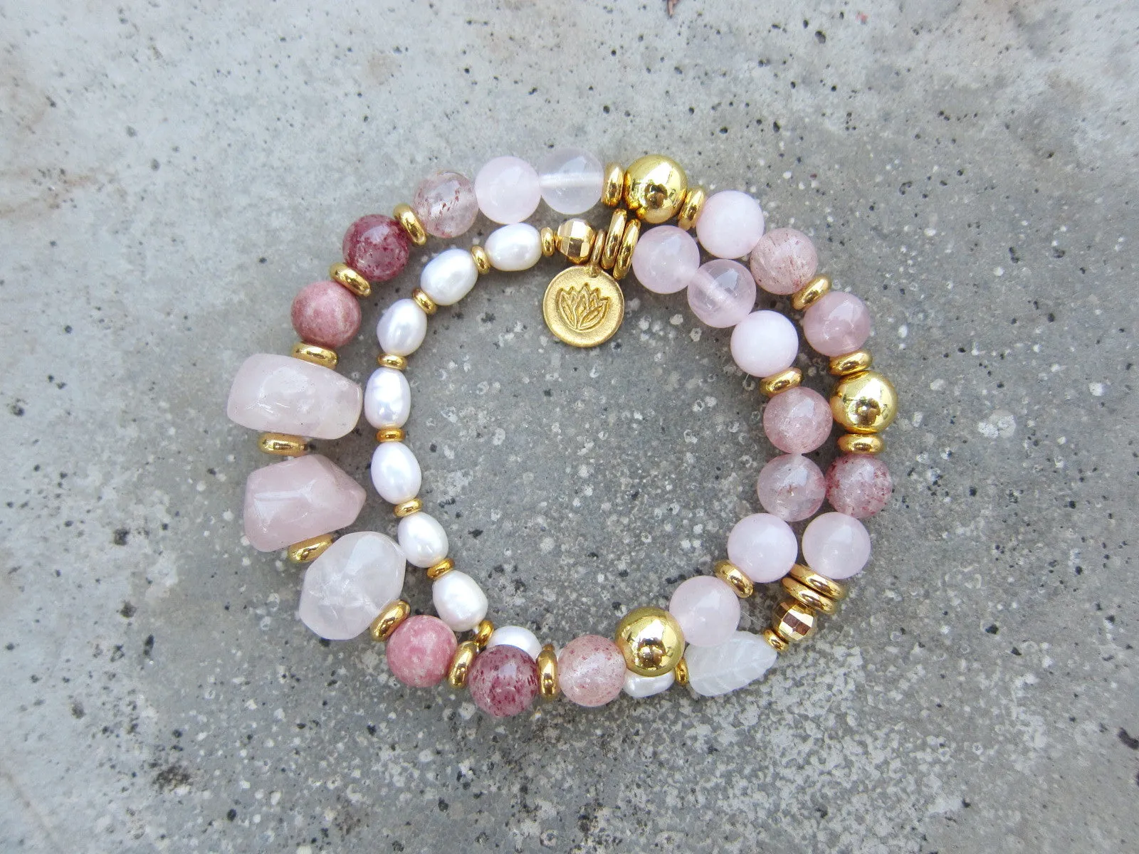 Pink Rose Quartz, Strawberry Quartz, Thulite - Love, Fertility Mala Bracelet in 18K Gold Vermeil Lotus Charm