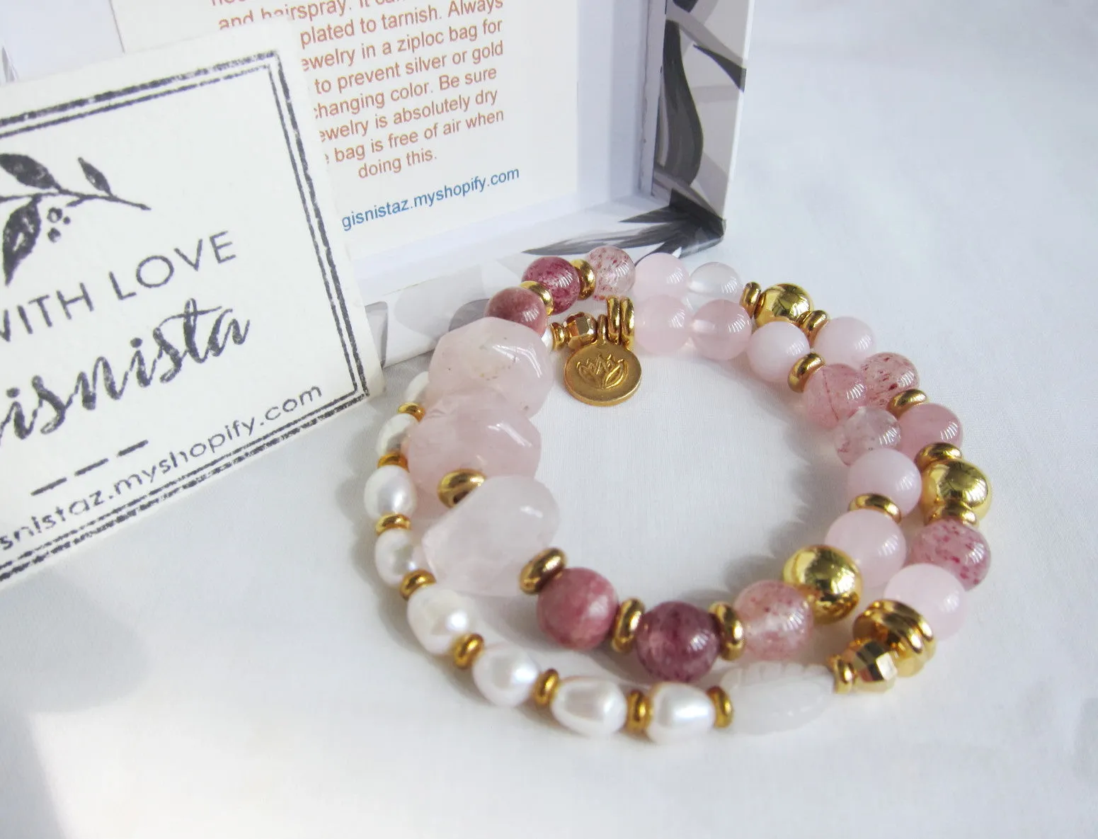 Pink Rose Quartz, Strawberry Quartz, Thulite - Love, Fertility Mala Bracelet in 18K Gold Vermeil Lotus Charm