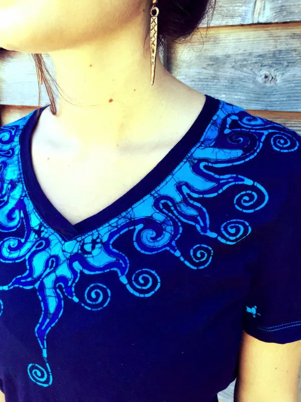 Purple and Turquoise Waves of Moonlight Handmade Batik Vneck