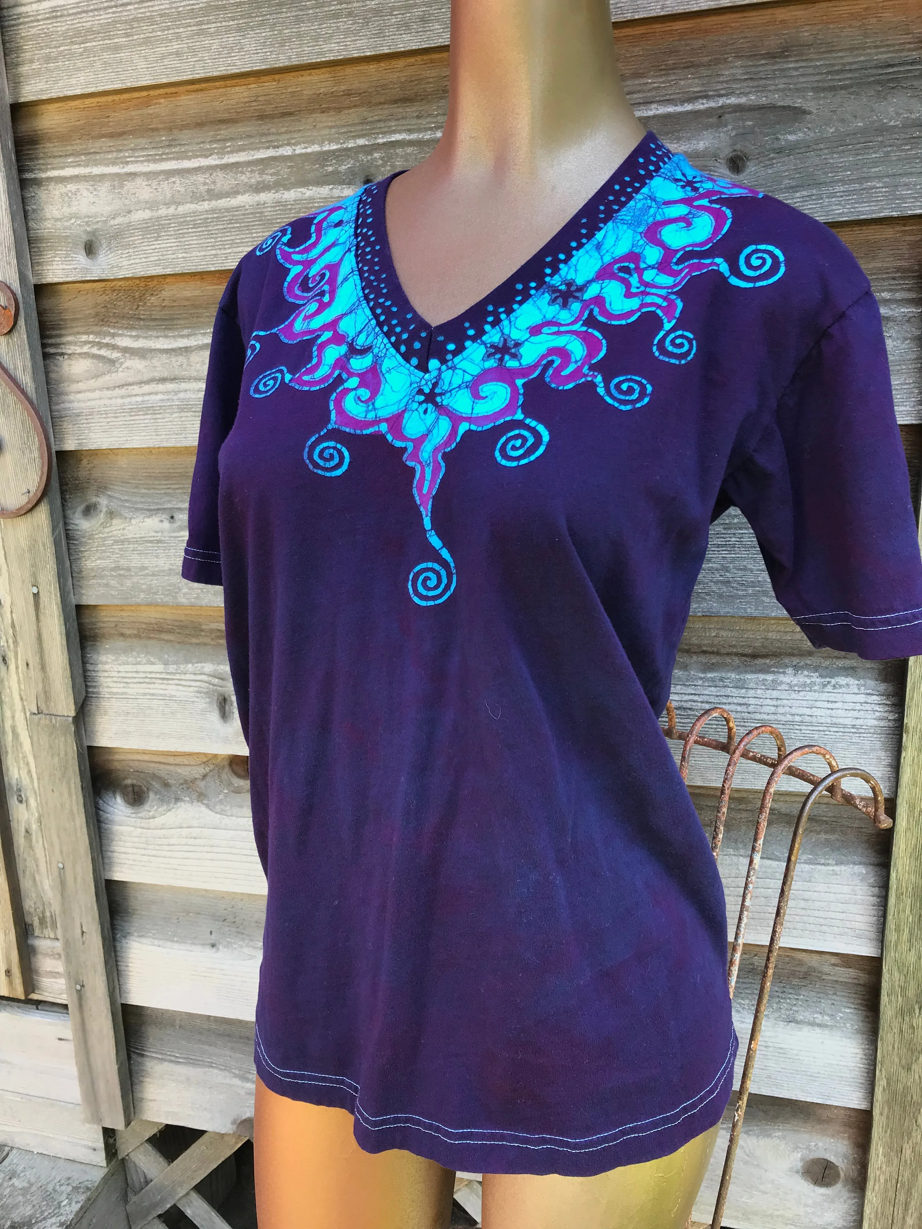 Purple and Turquoise Waves of Moonlight Handmade Batik Vneck