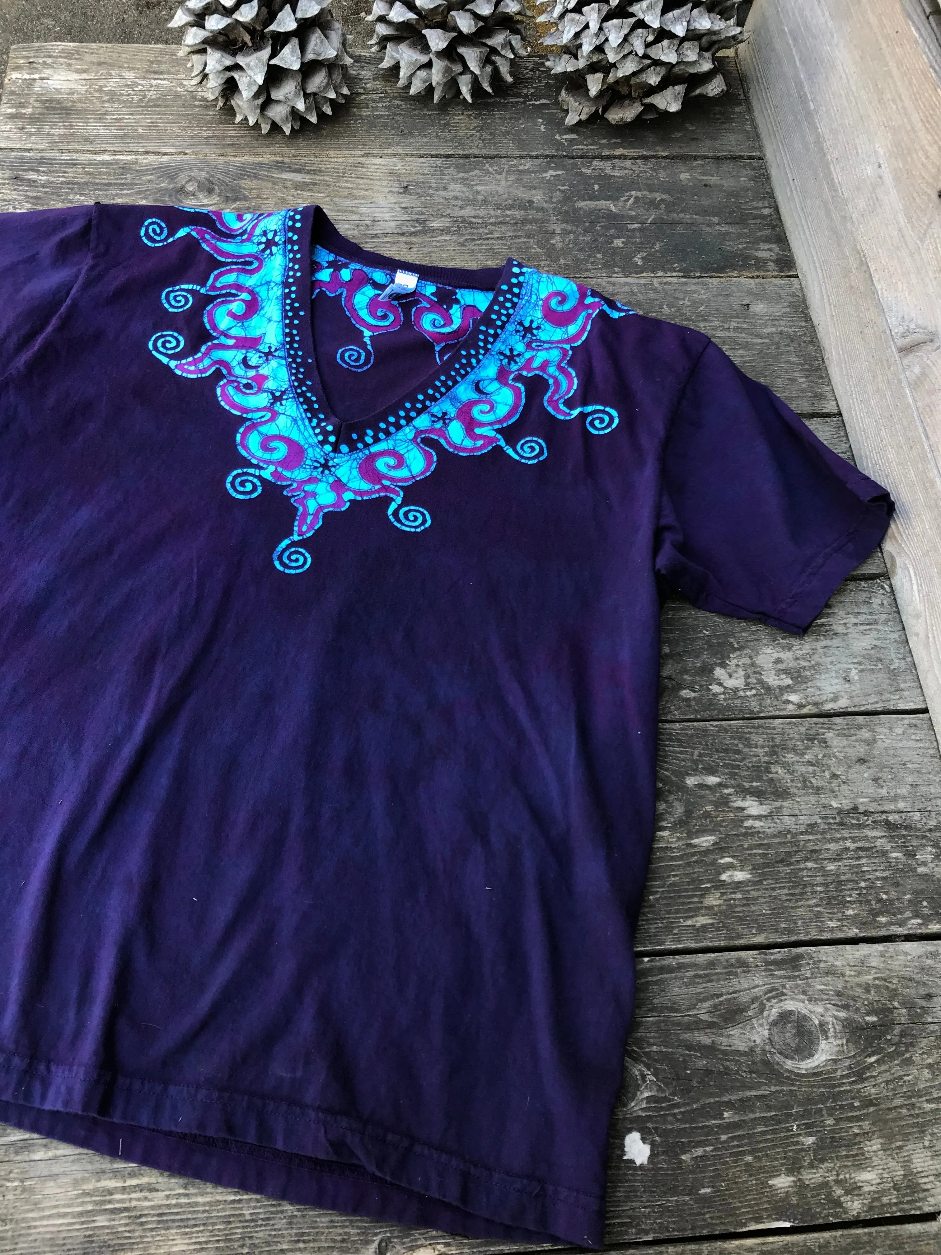 Purple and Turquoise Waves of Moonlight Handmade Batik Vneck