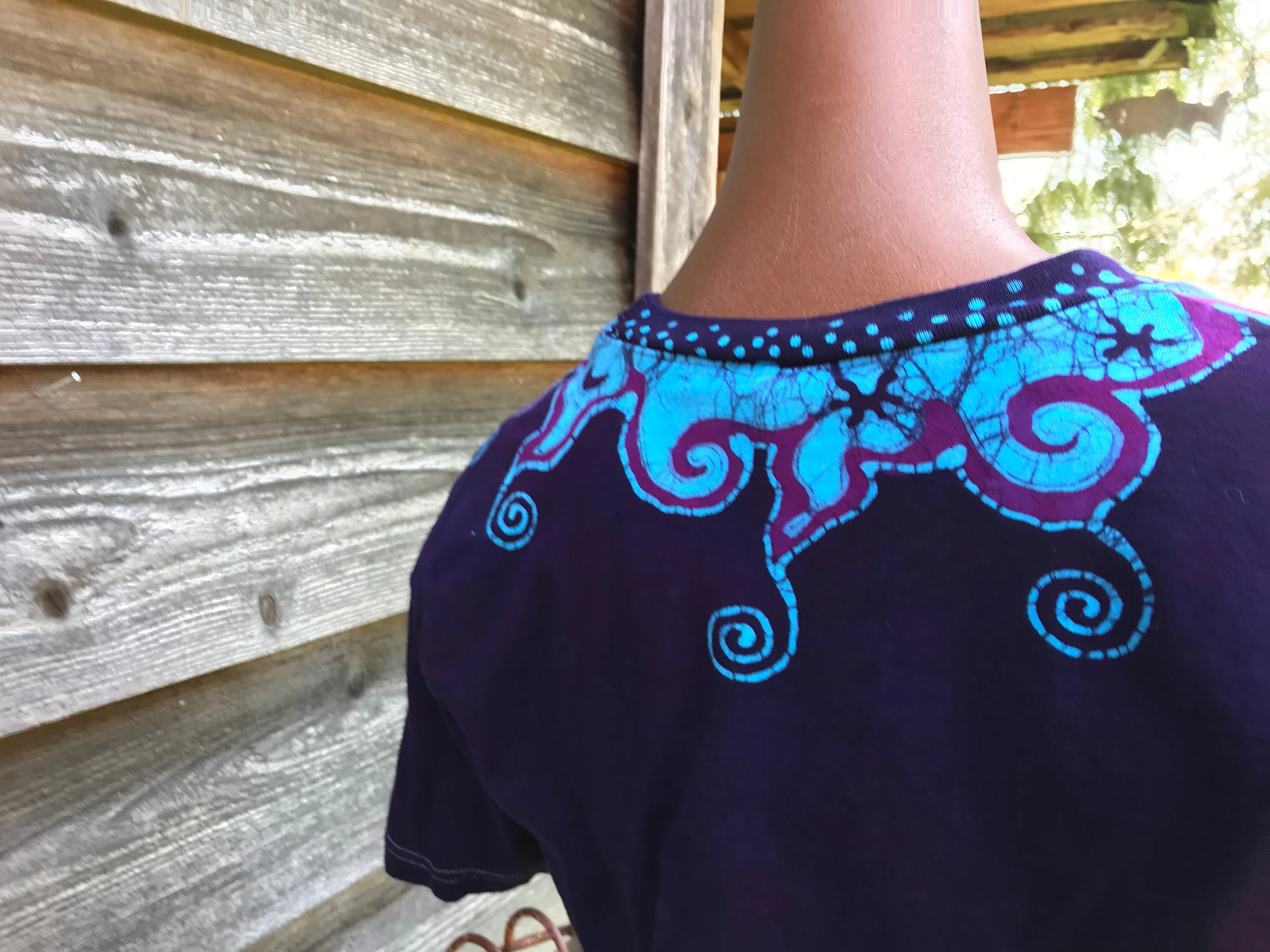 Purple and Turquoise Waves of Moonlight Handmade Batik Vneck