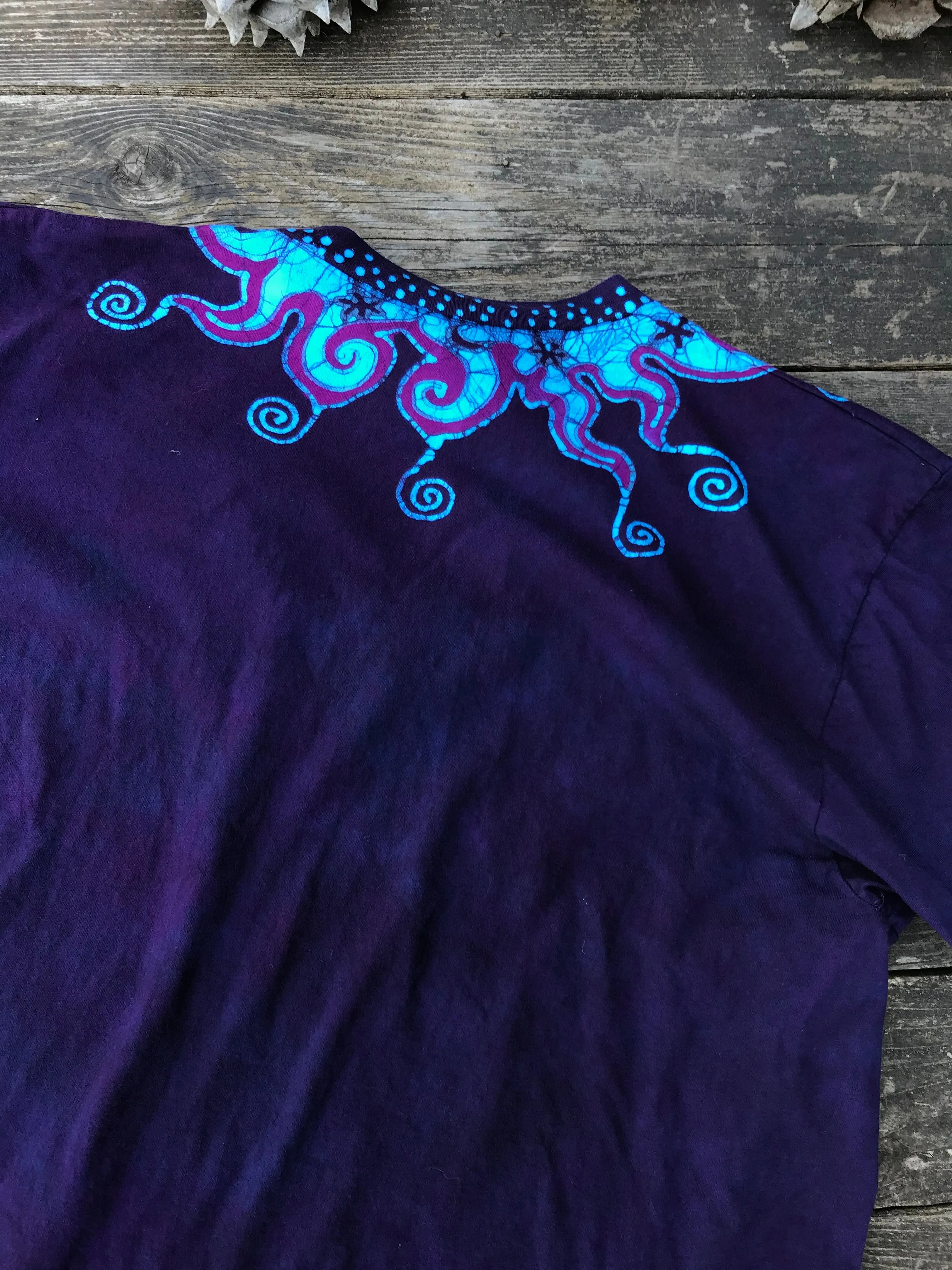 Purple and Turquoise Waves of Moonlight Handmade Batik Vneck