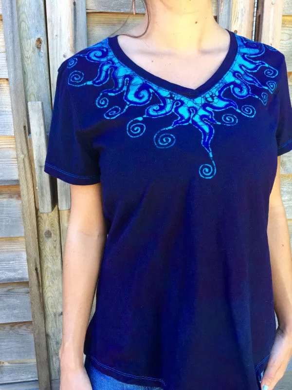 Purple and Turquoise Waves of Moonlight Handmade Batik Vneck