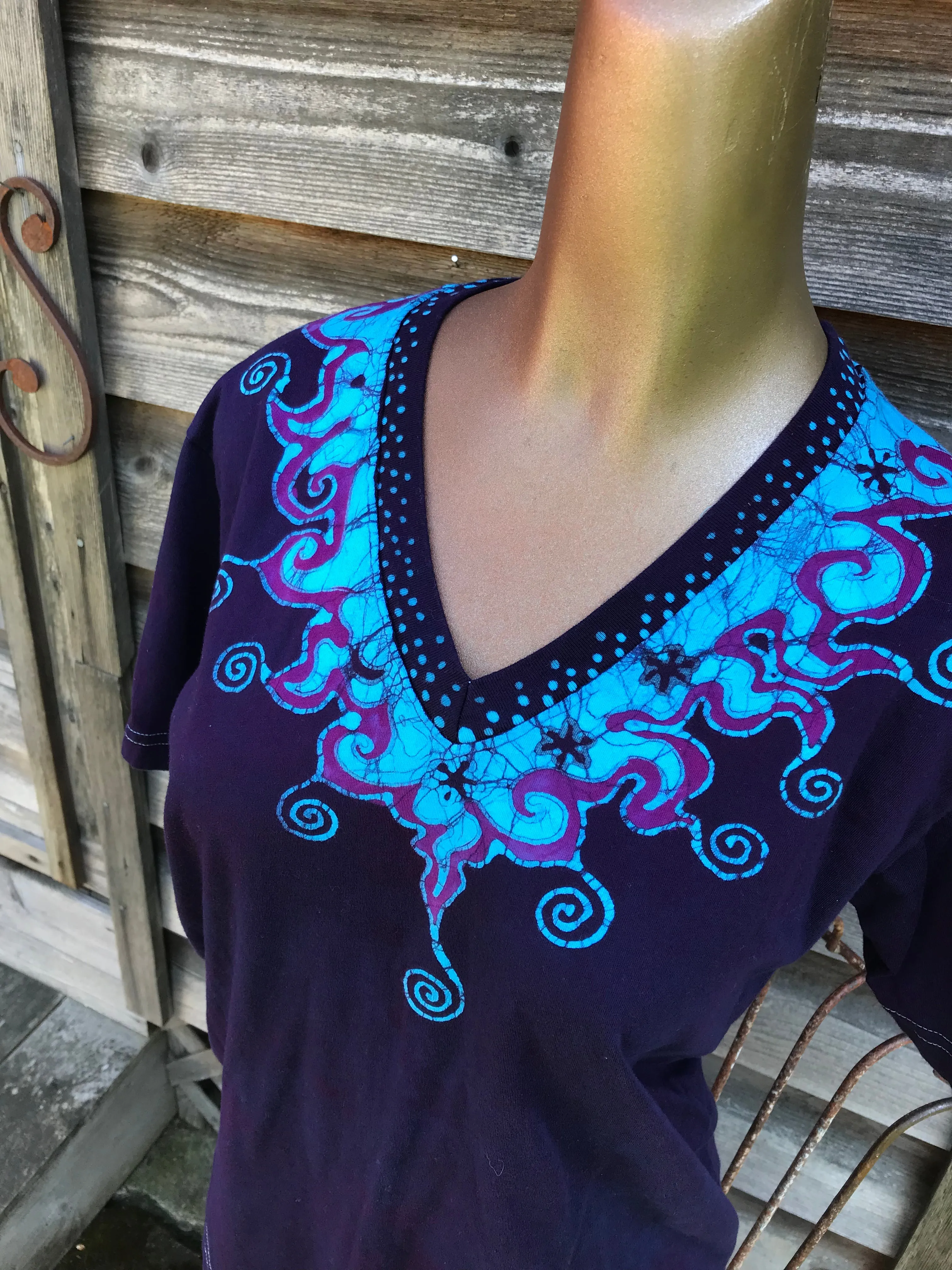 Purple and Turquoise Waves of Moonlight Handmade Batik Vneck