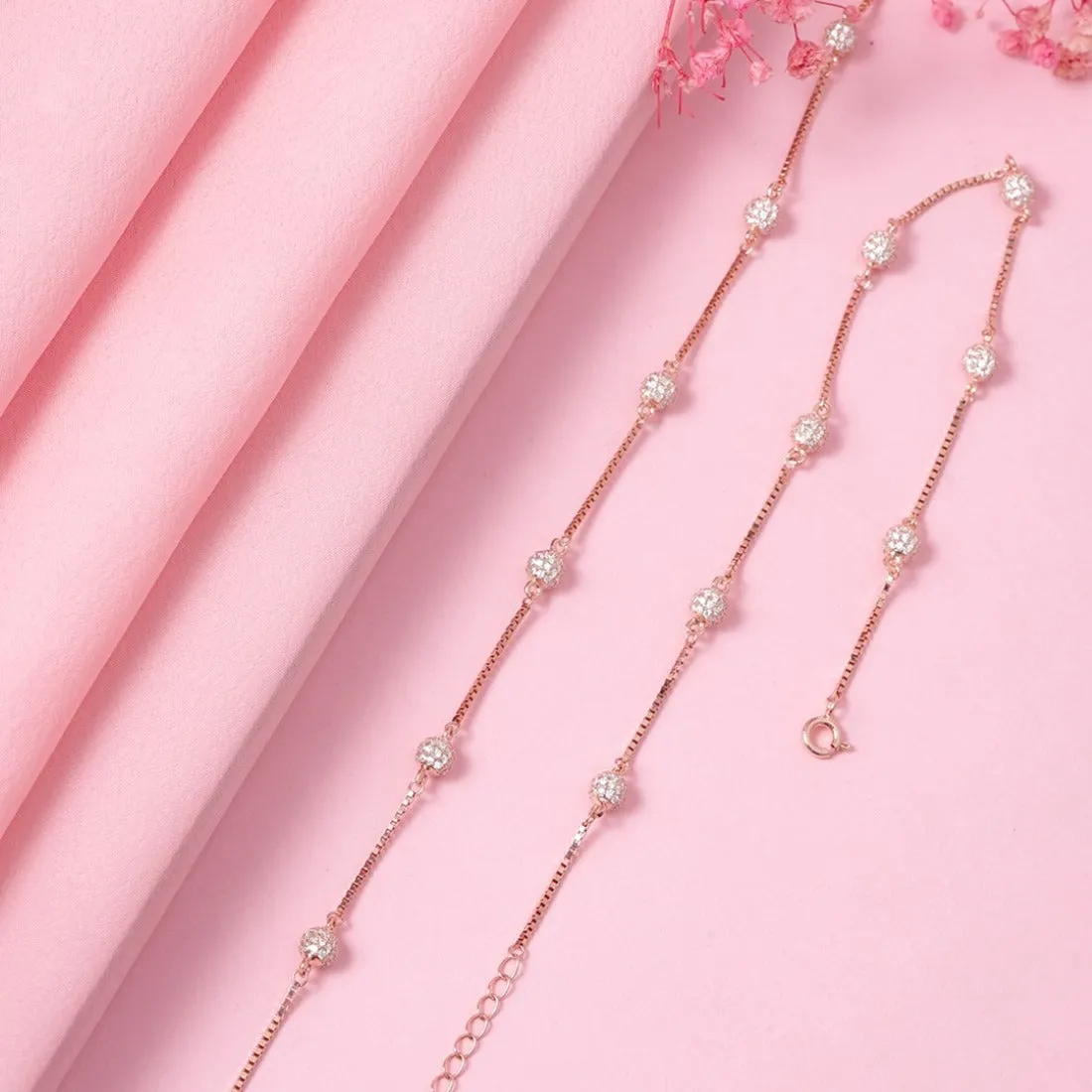 Radiant Beads Rose Gold-Plated CZ 925 Sterling Silver Anklet