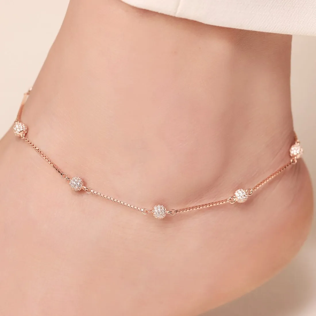 Radiant Beads Rose Gold-Plated CZ 925 Sterling Silver Anklet