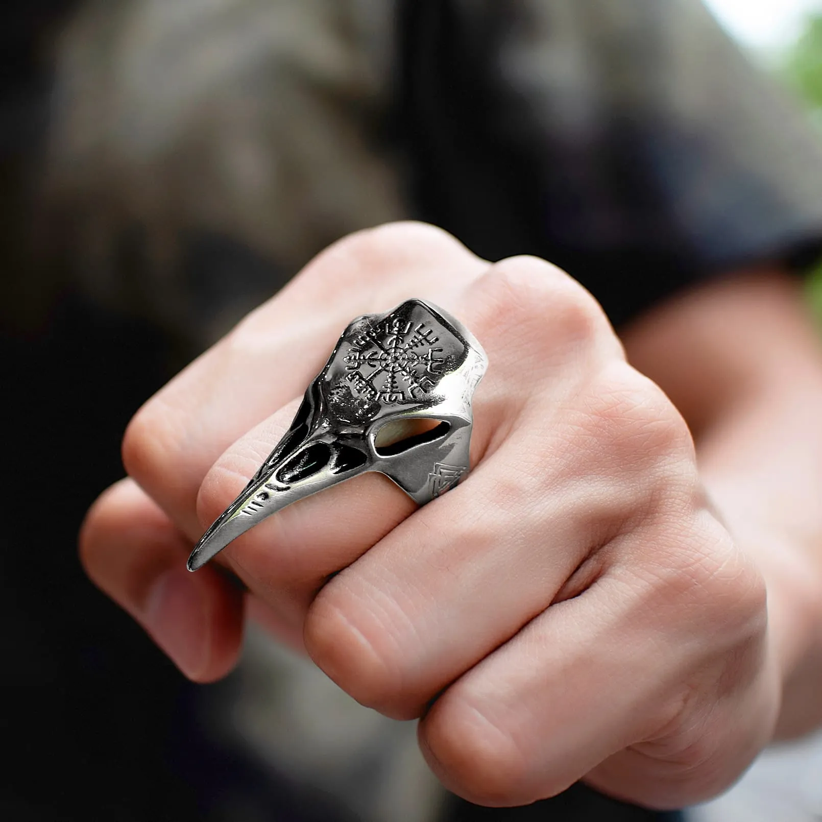 Raven Skull Ring With Viking Compass For Men