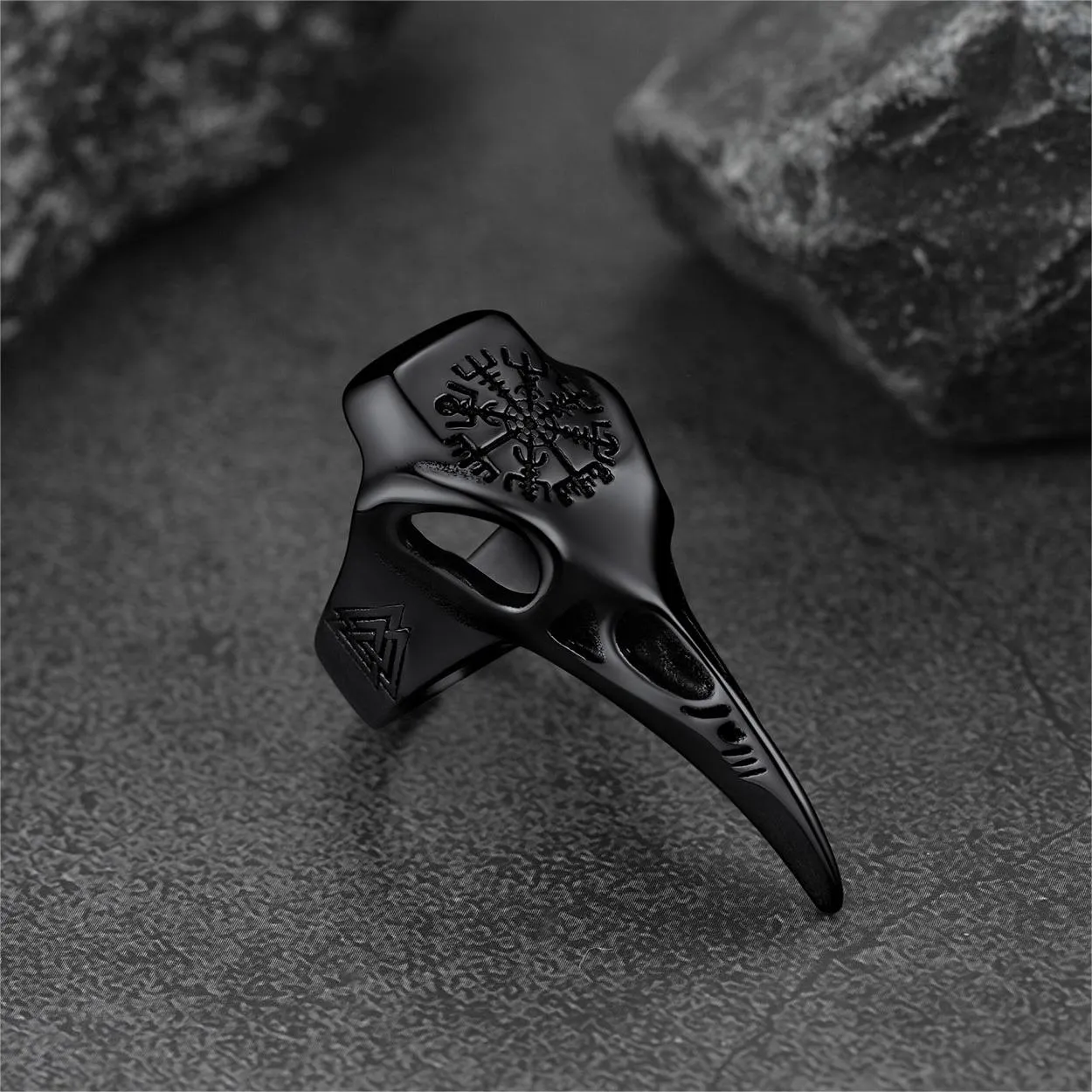 Raven Skull Ring With Viking Compass For Men