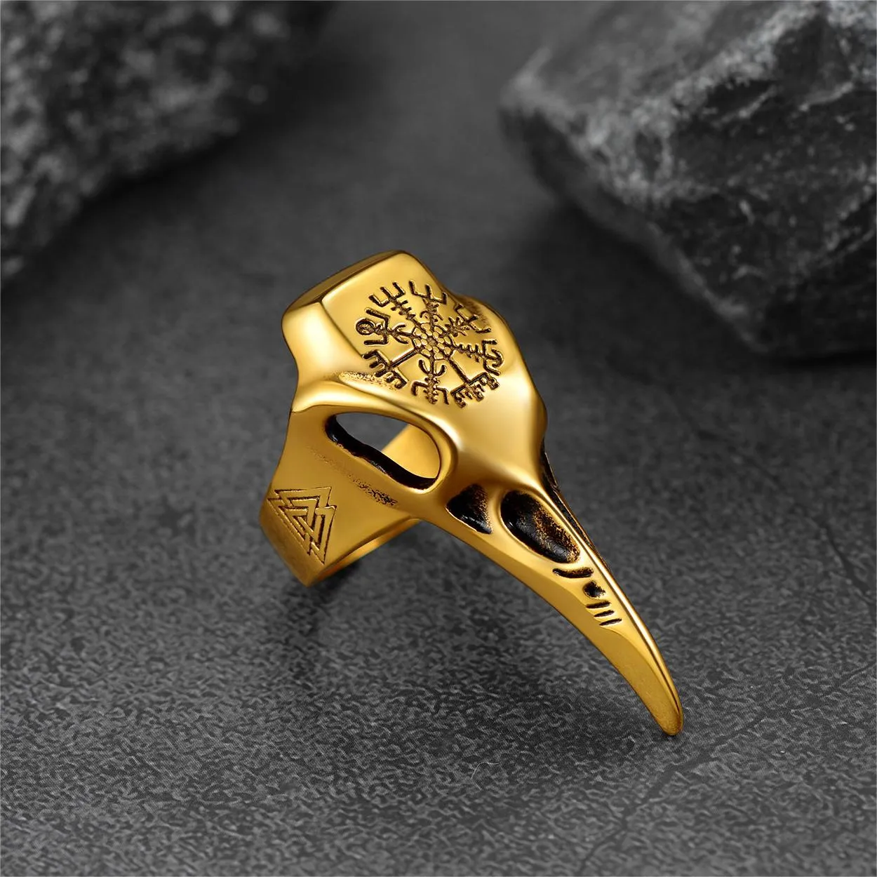 Raven Skull Ring With Viking Compass For Men