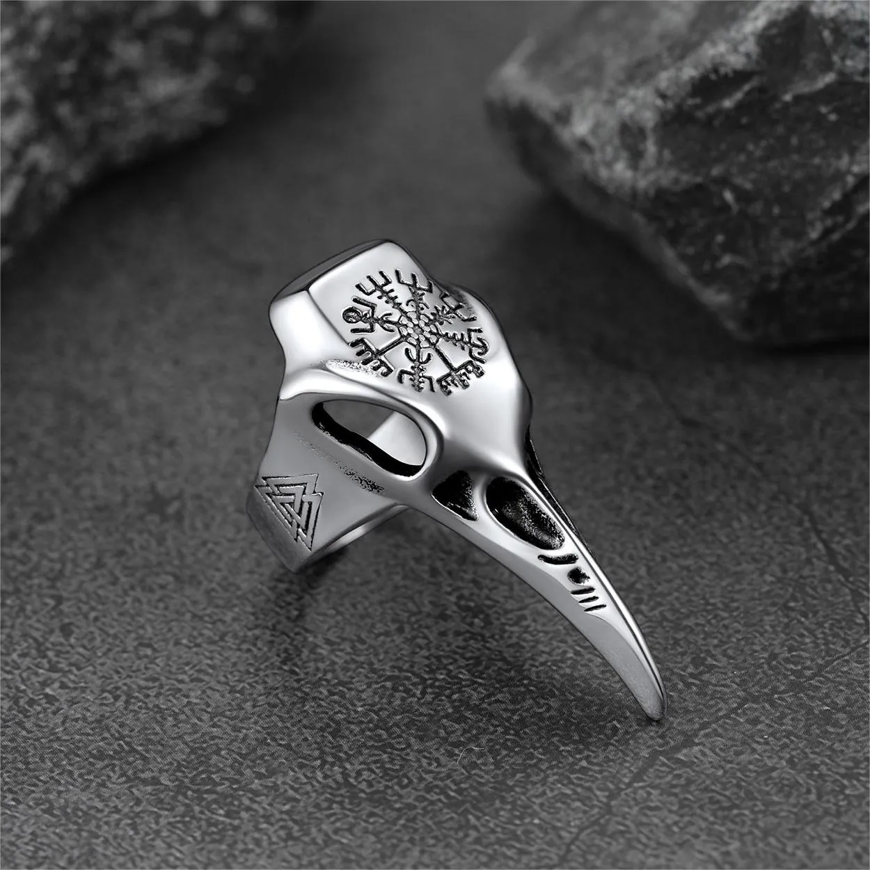 Raven Skull Ring With Viking Compass For Men