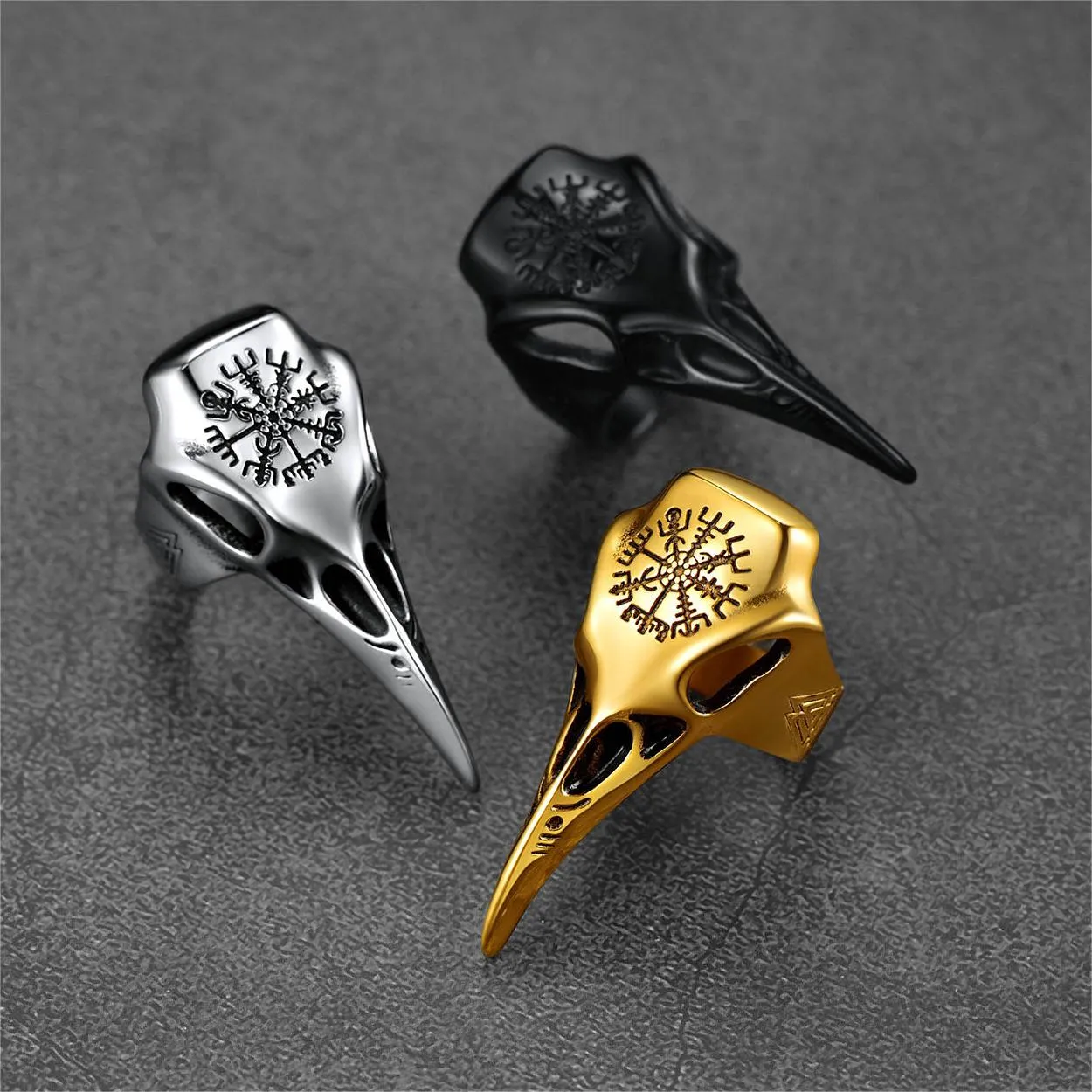 Raven Skull Ring With Viking Compass For Men