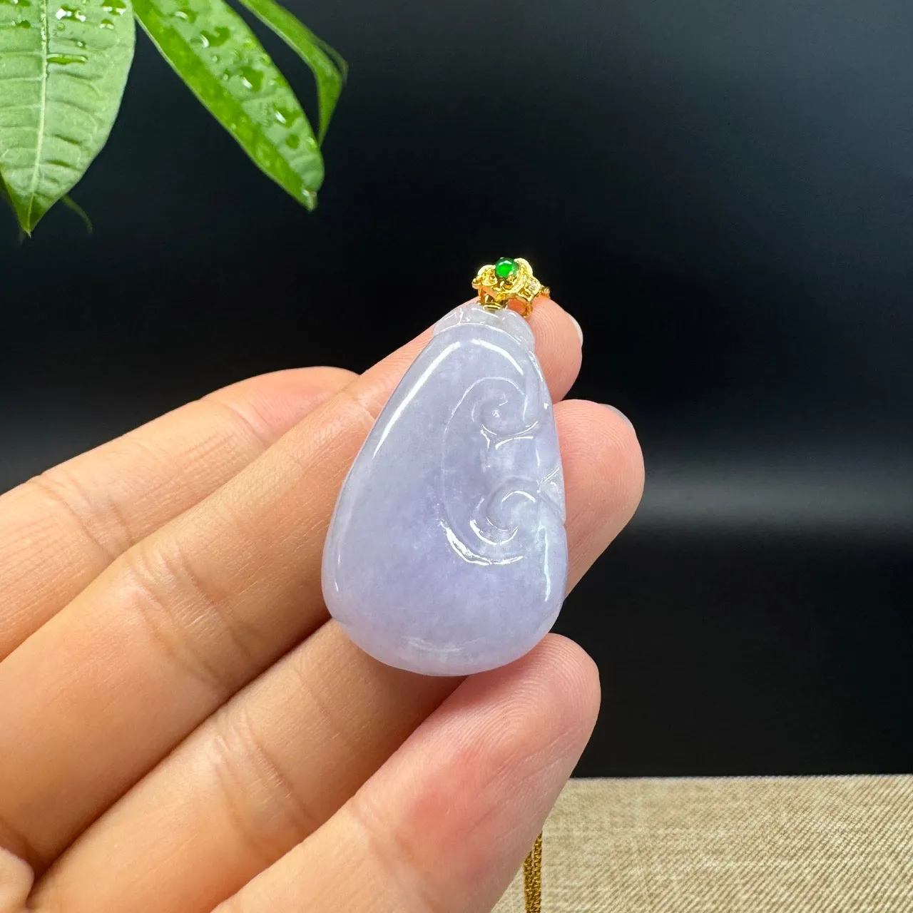 RealJade® Co. Genuine Lavender Jadeite Jade Good Luck RuYi Necklace With 18K Yellow Gold Bail