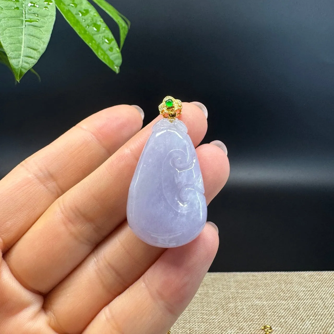 RealJade® Co. Genuine Lavender Jadeite Jade Good Luck RuYi Necklace With 18K Yellow Gold Bail