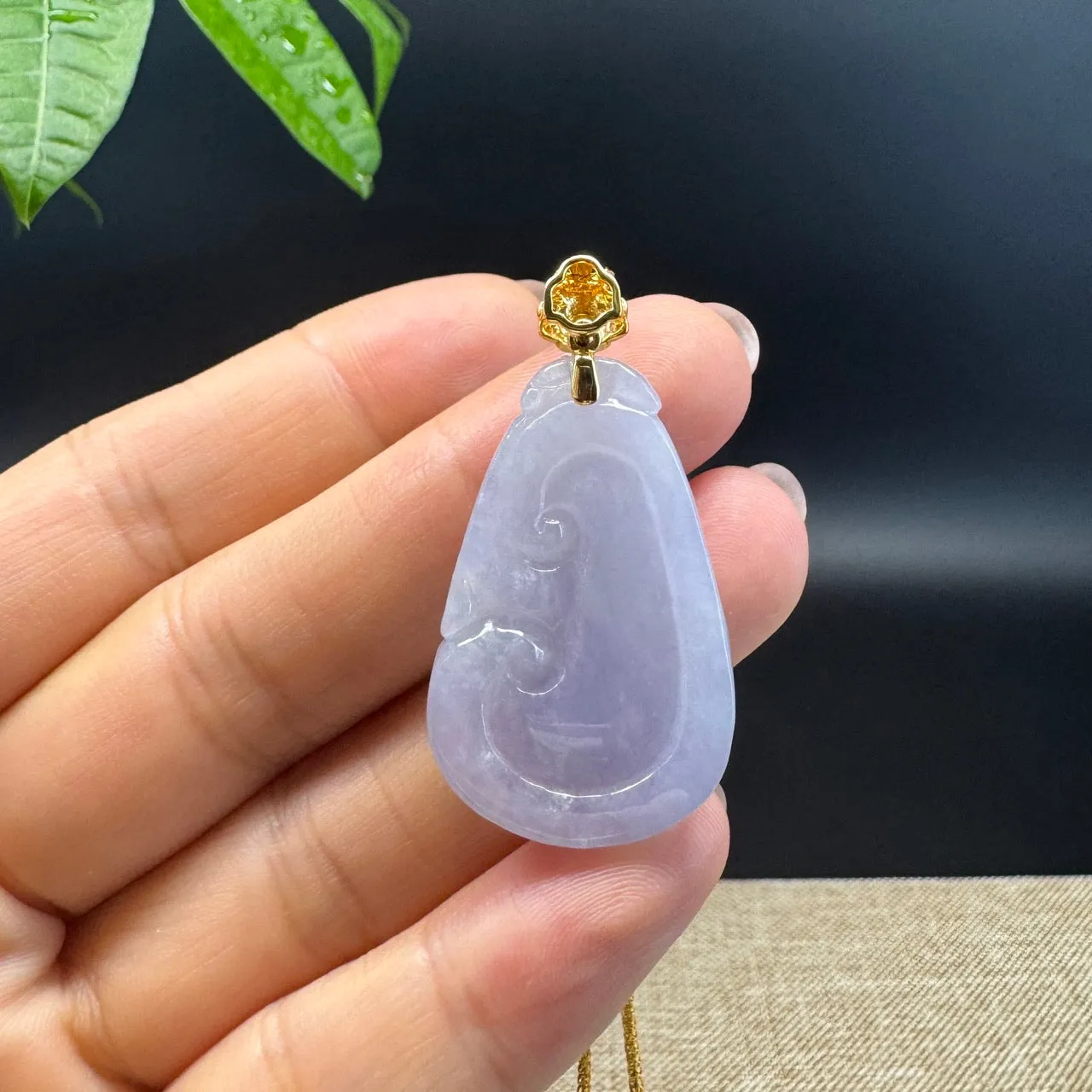 RealJade® Co. Genuine Lavender Jadeite Jade Good Luck RuYi Necklace With 18K Yellow Gold Bail