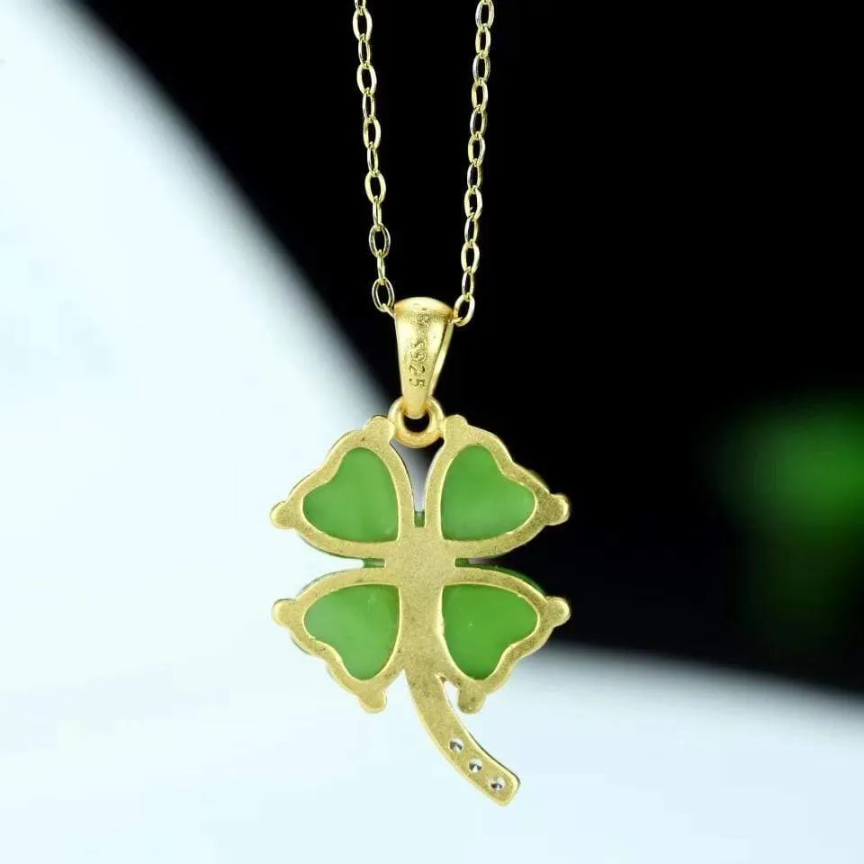 RealJade® Sterling Silver Real Green Nephrite Jade Four Leaf Clover Pendant Necklace