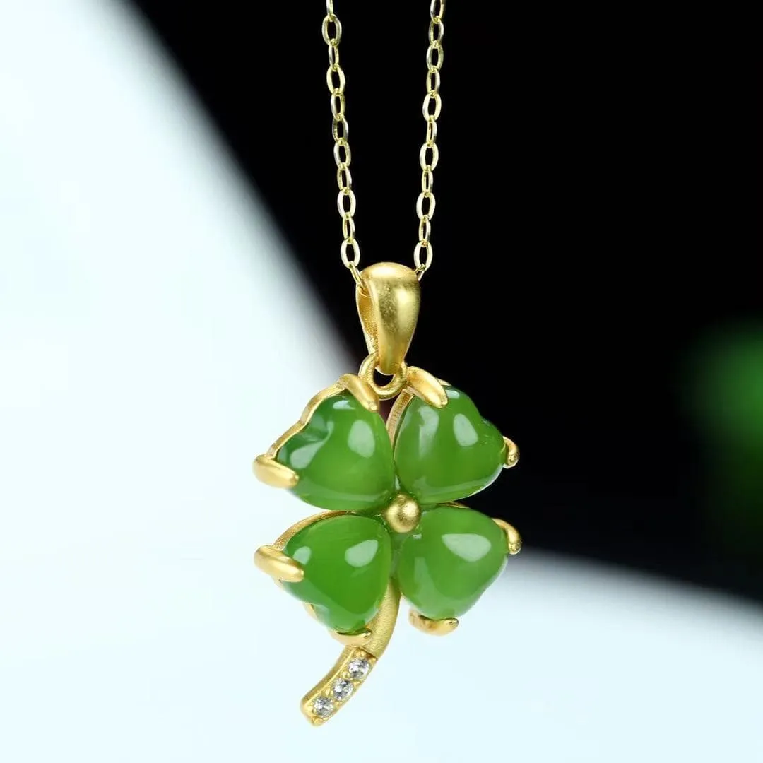 RealJade® Sterling Silver Real Green Nephrite Jade Four Leaf Clover Pendant Necklace