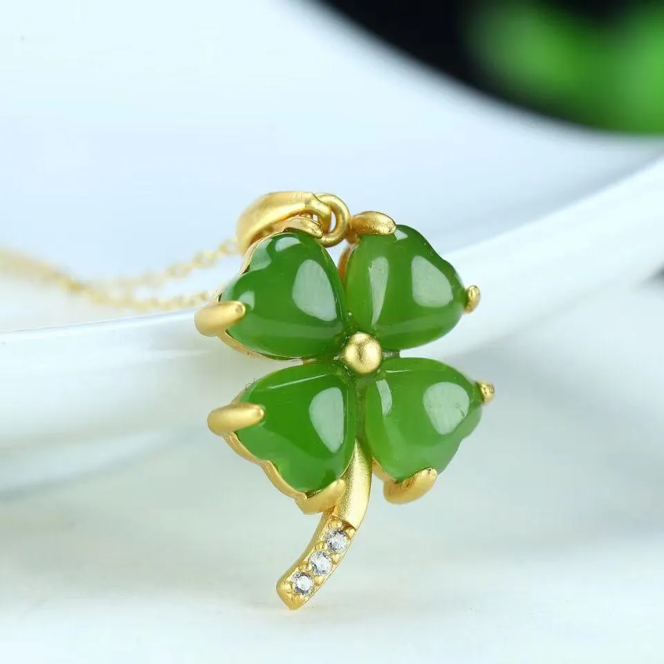 RealJade® Sterling Silver Real Green Nephrite Jade Four Leaf Clover Pendant Necklace