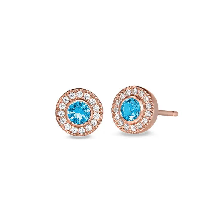 Rose Gold Finish Sterling Silver Micropave Round Simulated Blue Topaz Earrings with Simulated Diamonds