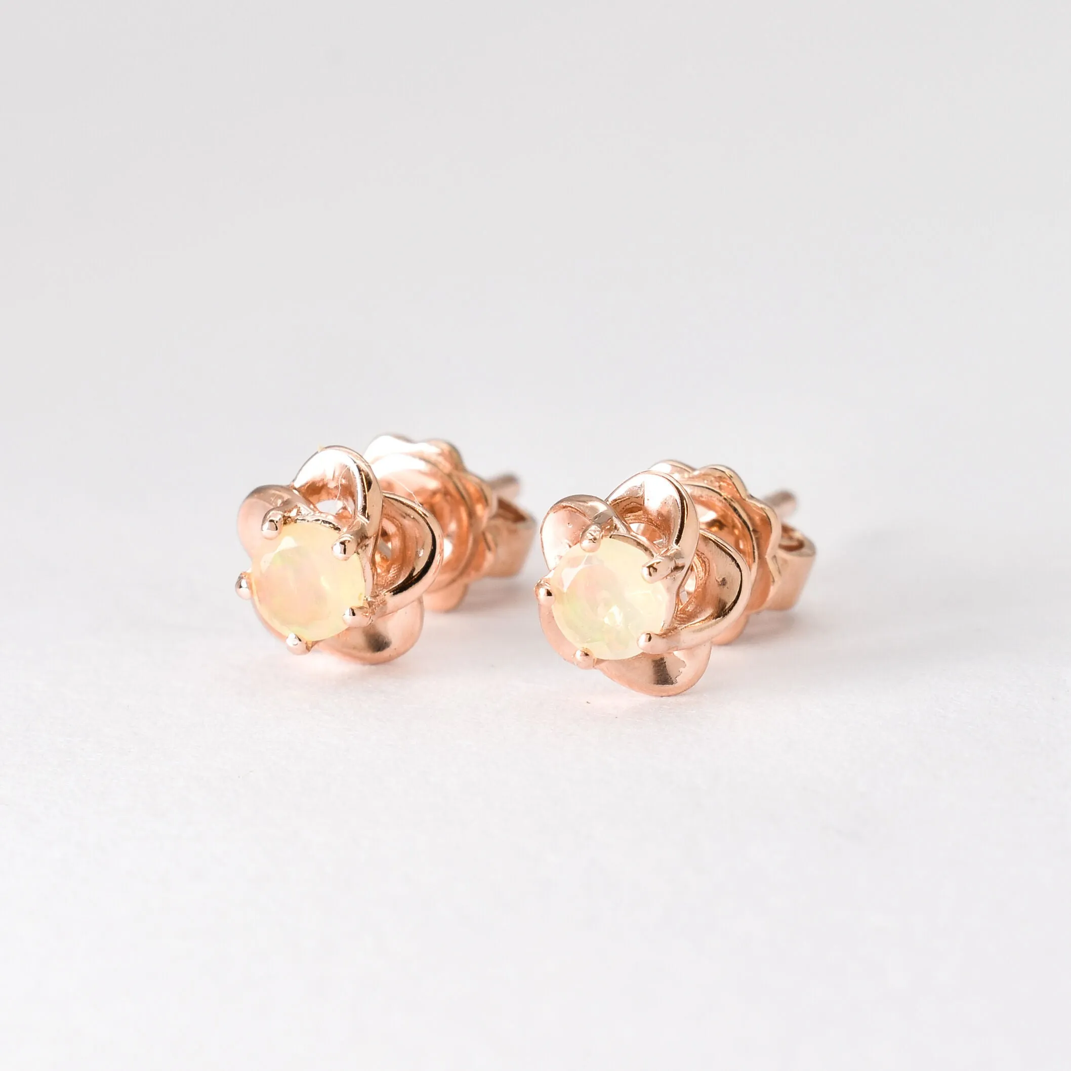 Rose Gold Opal Studs - Genuine Opal Earrings - Dainty Flower Studs