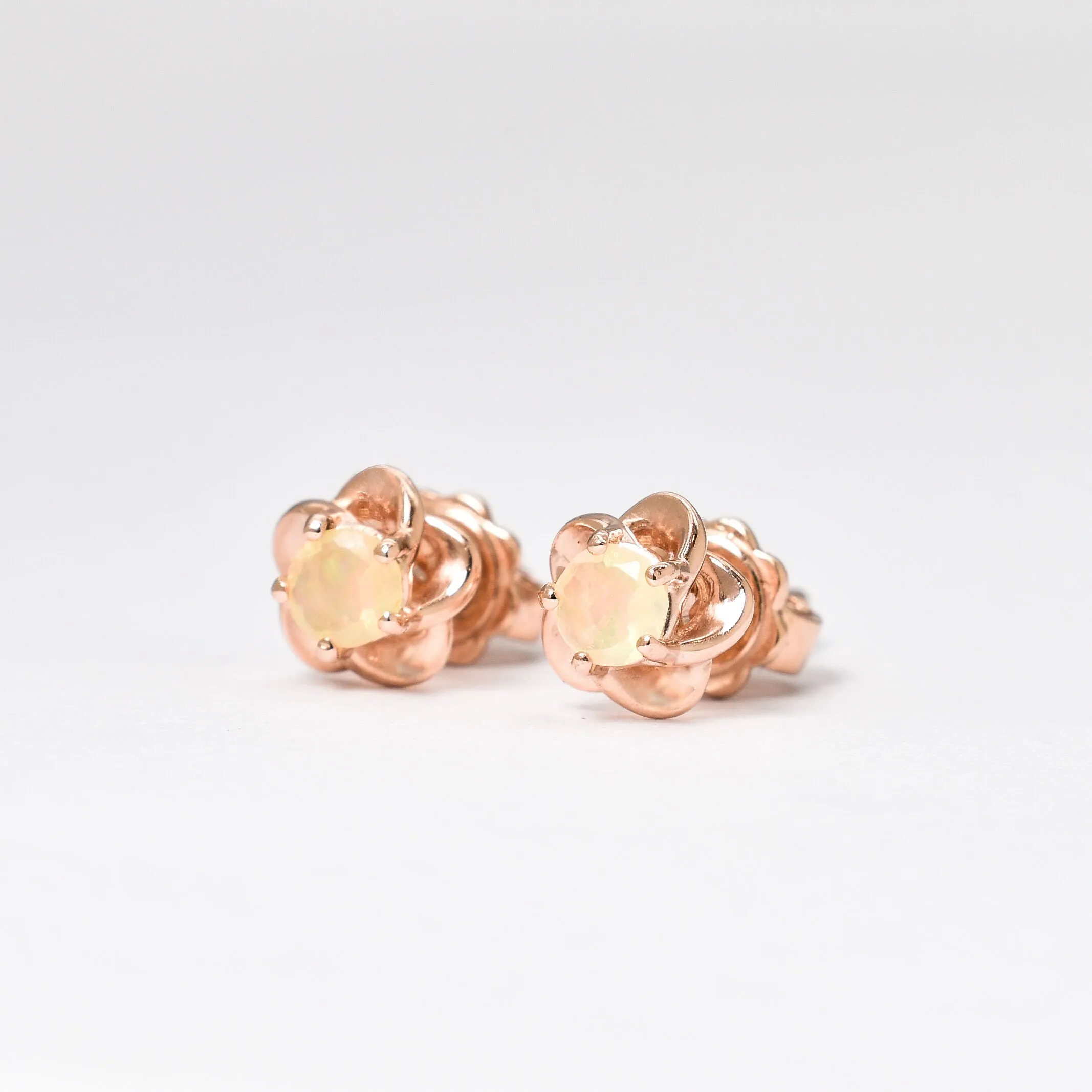 Rose Gold Opal Studs - Genuine Opal Earrings - Dainty Flower Studs