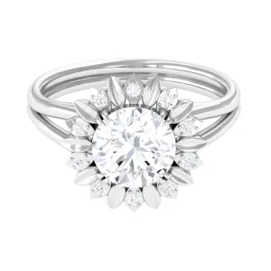 Round Cut Solitaire Zircon Gold Flower Engagement Ring in Split Shank