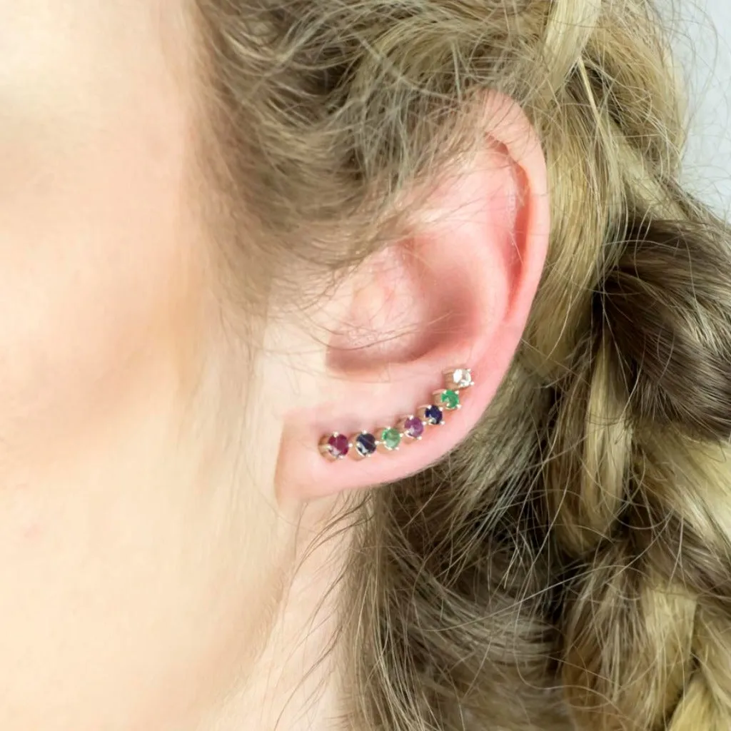 Ruby, Sapphire, Emerald, and White Topaz Ear Climbers