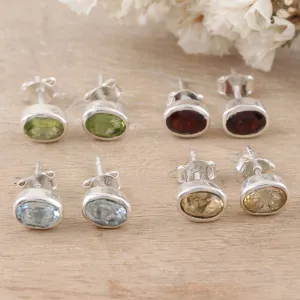 Set of 4 Gemstone and Sterling Silver Stud Earrings - All for One | NOVICA