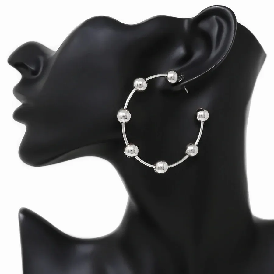 Silver Bead Ball Hoop Post Earrings